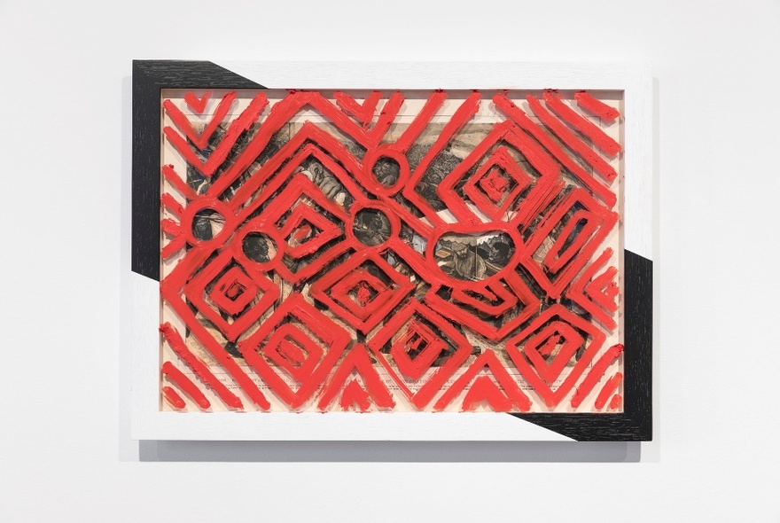 A vibrant red, white and black contemporary painting hanging on a white gallery wall.