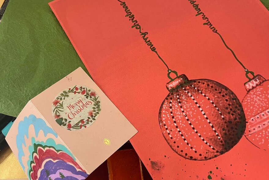 Christmas cards with images of baubles and a wreath.