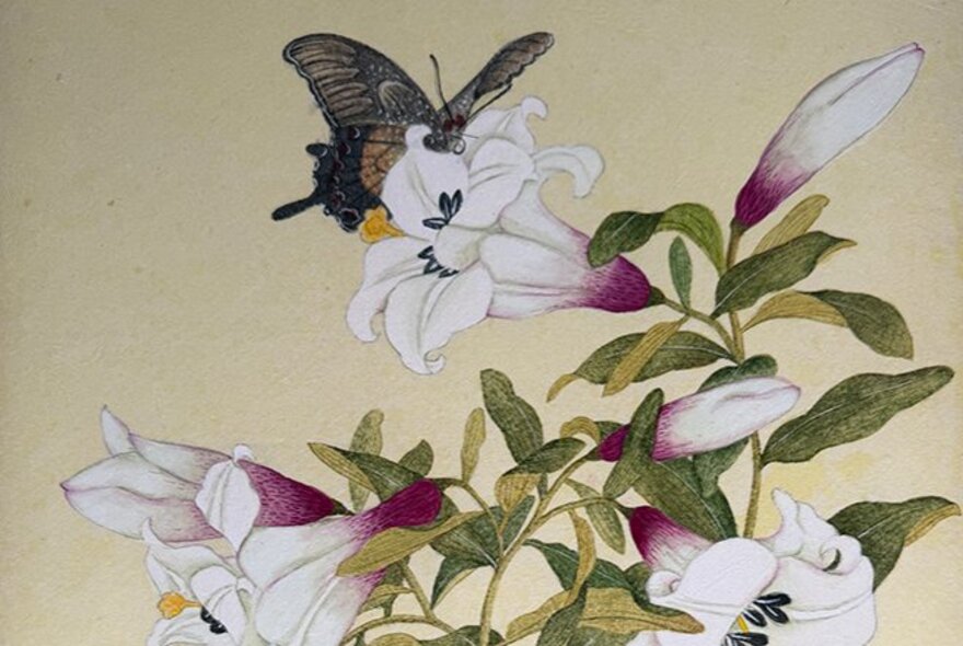 Korean artwork of a butterfly and tubular flowers.