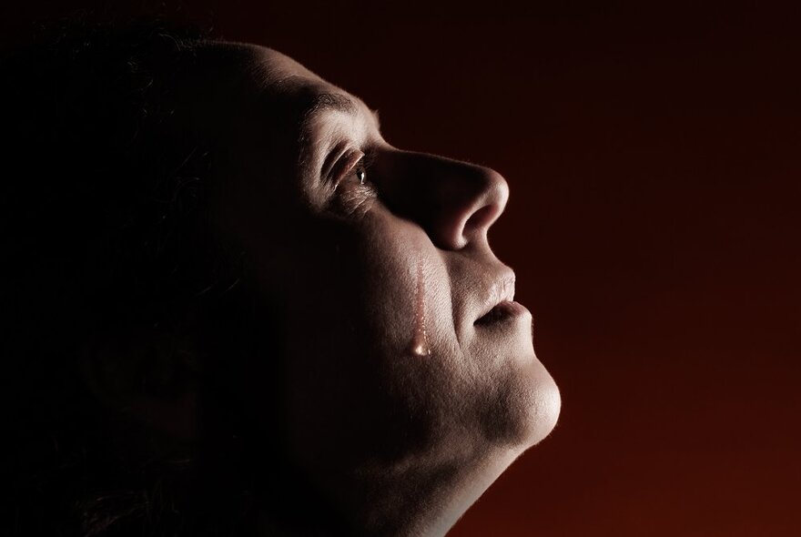 Woman's face in profile in darkness, a tear running down her cheek.