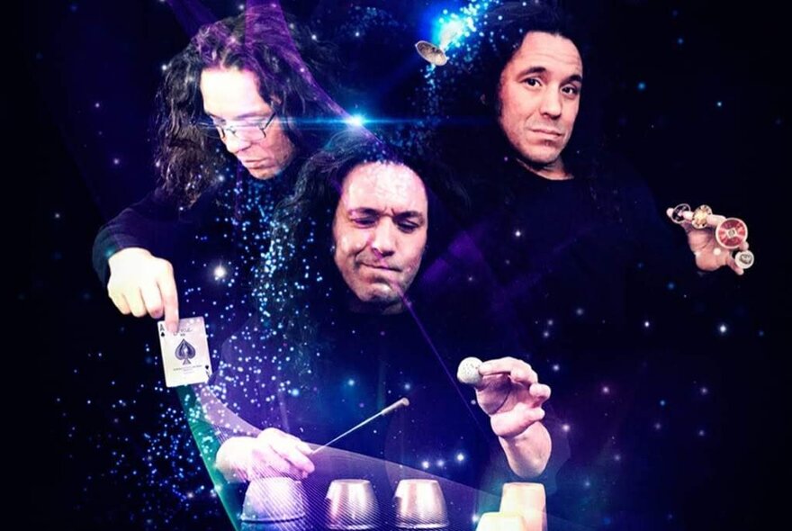 Magician Hernan Maccagno appearing three times against a dark background, performing magic tricks.