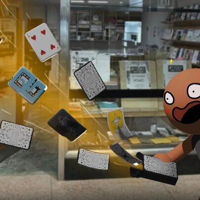 A hand-drawn startled cartoon character with wide eyes throwing a flurry of playing cards in front of a real shop entrance.