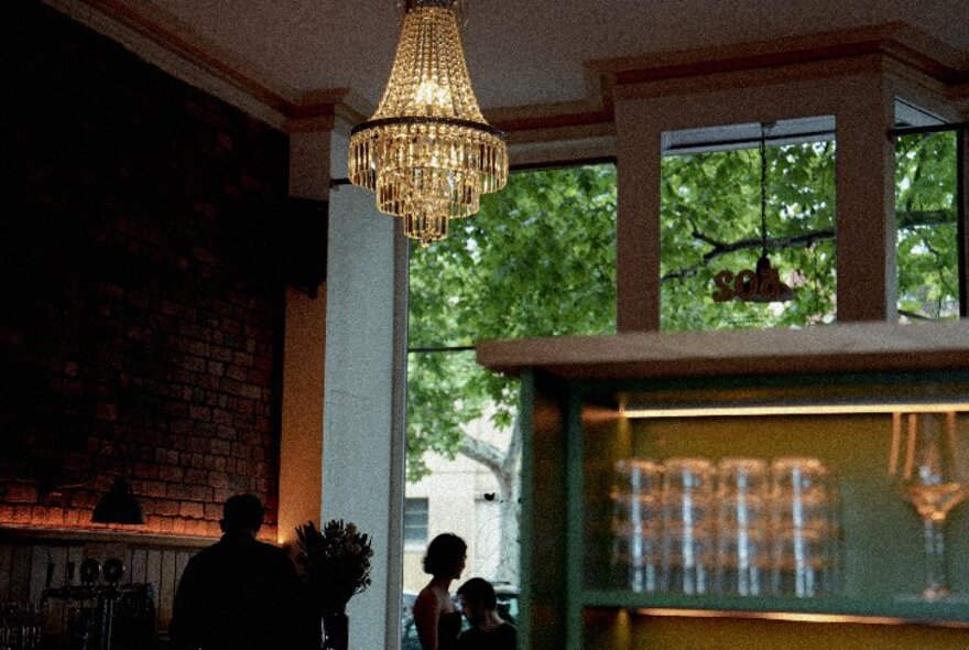 A chandelier inside Bear's Wine Bar with windows to the street showing green leaves