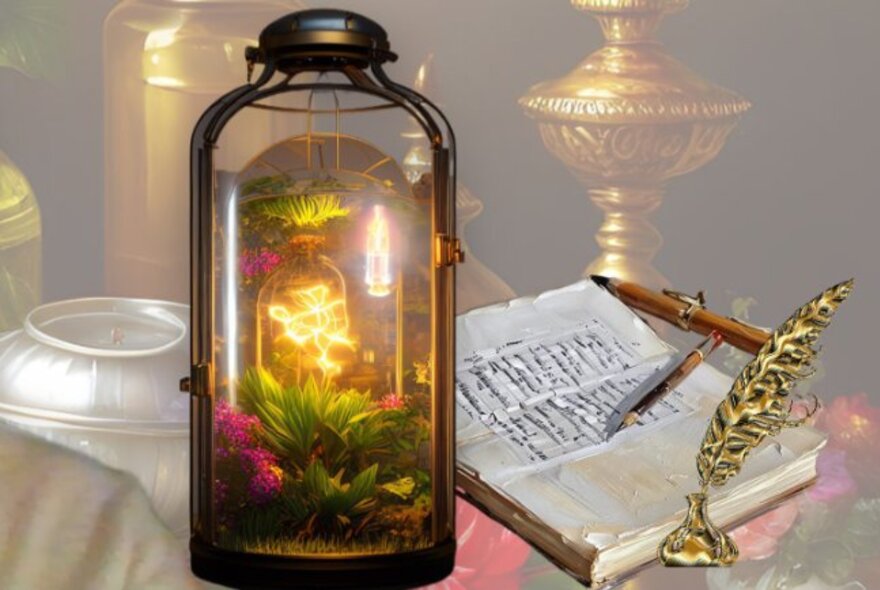 Alchemical items including a gold feather, notebook and illuminated glass jar.