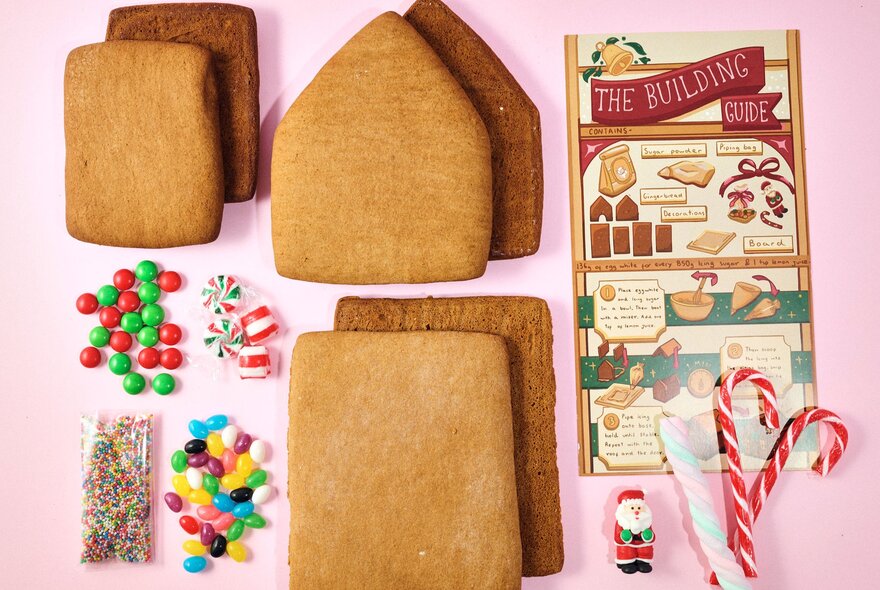 The contents of a make it yourself gingerbread kit laid out on a pink table.