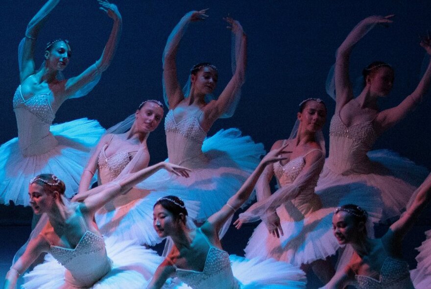 Pre-professional ballet dancers in various poses, wearing white swan-like tutus.