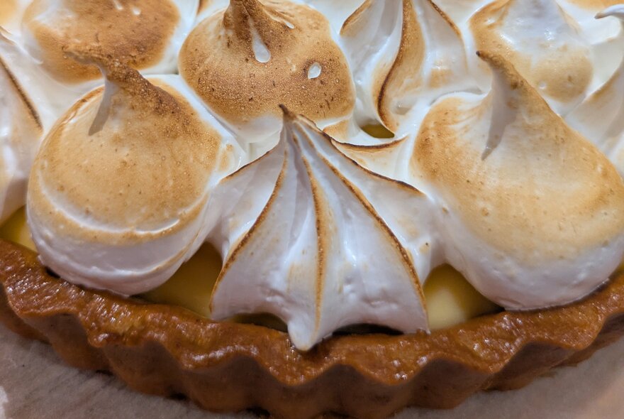 A close up of the meringue top of a lemon meringue pie.