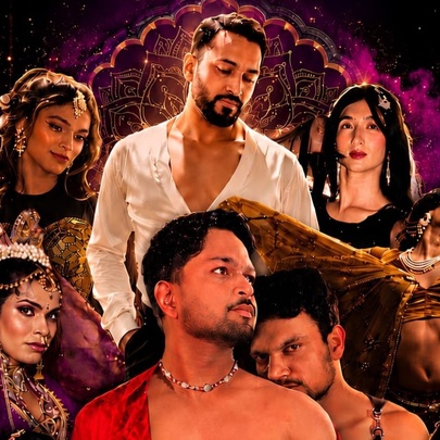 Actors and characters from Bollywood movies displayed in a circular montage, against a purple background.