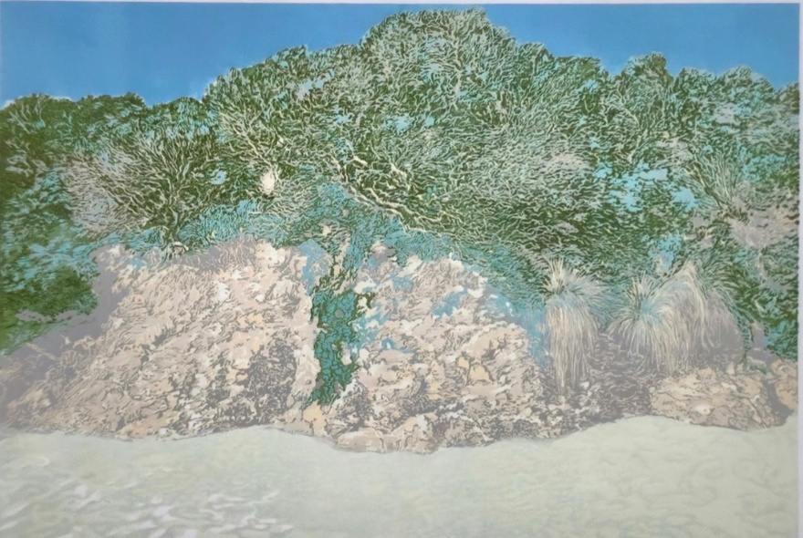 A mixed-media artwork depicting a rocky coastline with green foliage under a blue sky.