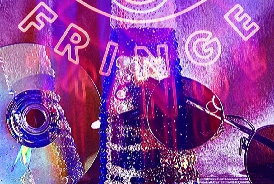 A collection of disco and music items, such as a CD, sunglasses, sequins and neon lettering.