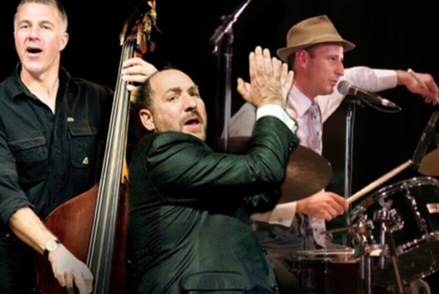 Steve Sedergreen Trio, singer clapping hands wearing a green suit in front, flanked by cellist and drummer wearing a hat.