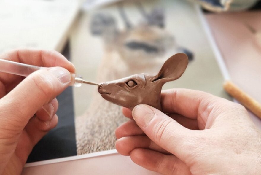 Hands using a small pointed tool to craft a small kangaroo head from clay.