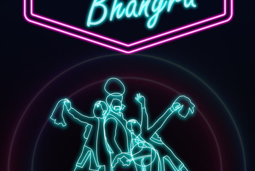 A blue neon sign depicting people dancing, surrounded by black.