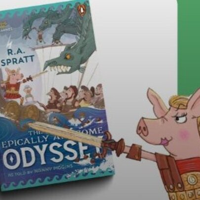 The book cover of the book, The Especially Awesome Odyssey, with a cartoon pig in a gladiator costume pointing her sword overlaid on the image.