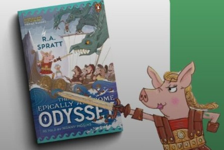 The book cover of the book, The Especially Awesome Odyssey, with a cartoon pig in a gladiator costume pointing her sword overlaid on the image.