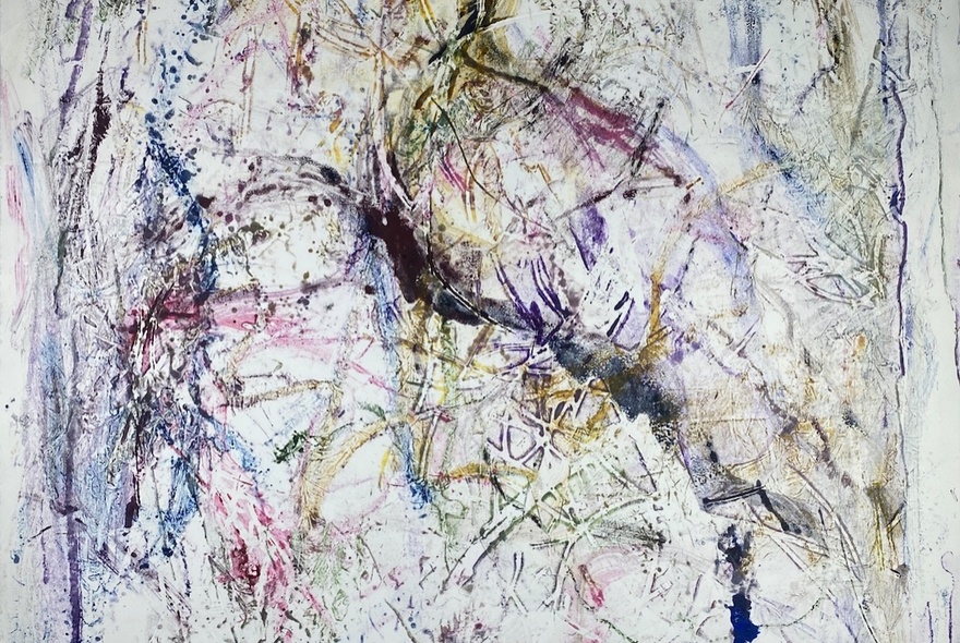 An abstract print depicting a natural scene with streaks of blue, white, and browns.