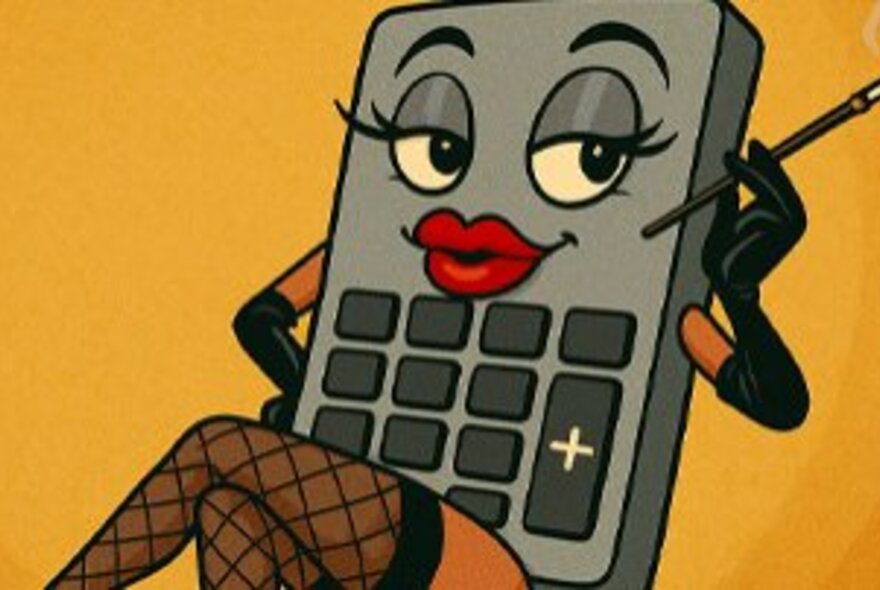 A calculator with female face, stockings and cigarette holder.