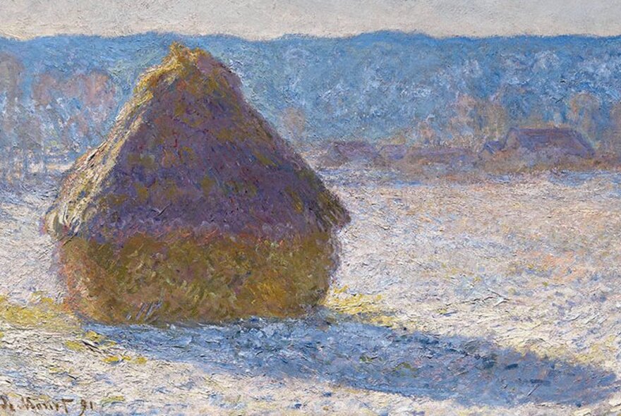 Oil painting of a grainstack with snow effect by Claude Monet, 1891.