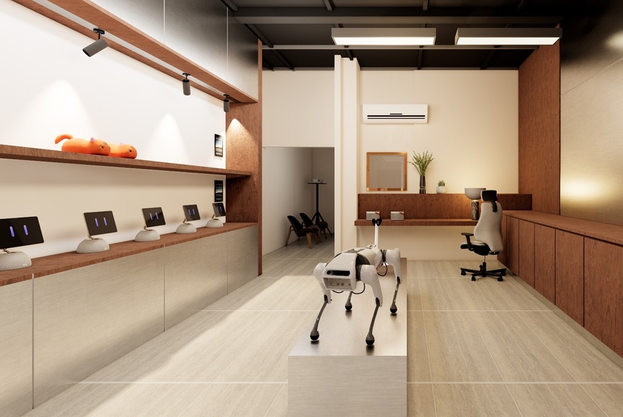 Interior of SilkGear store, featuring a sleek and minimalist modern design with wood, tile and metal elements and an AGIBOT quadruped robot on display.