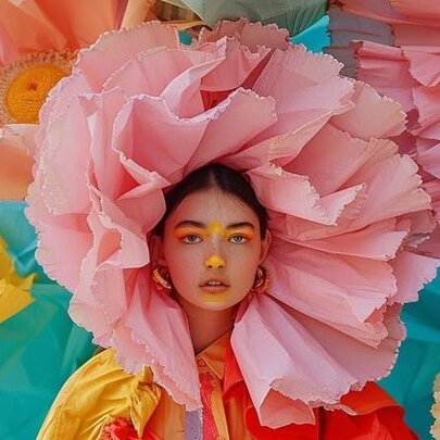 A woman dressed as a pink flower, with giant petals all around her face, standing against a backdrop of more giant flowers. 