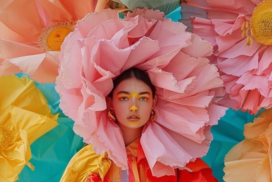 A woman dressed as a pink flower, with giant petals all around her face, standing against a backdrop of more giant flowers. 