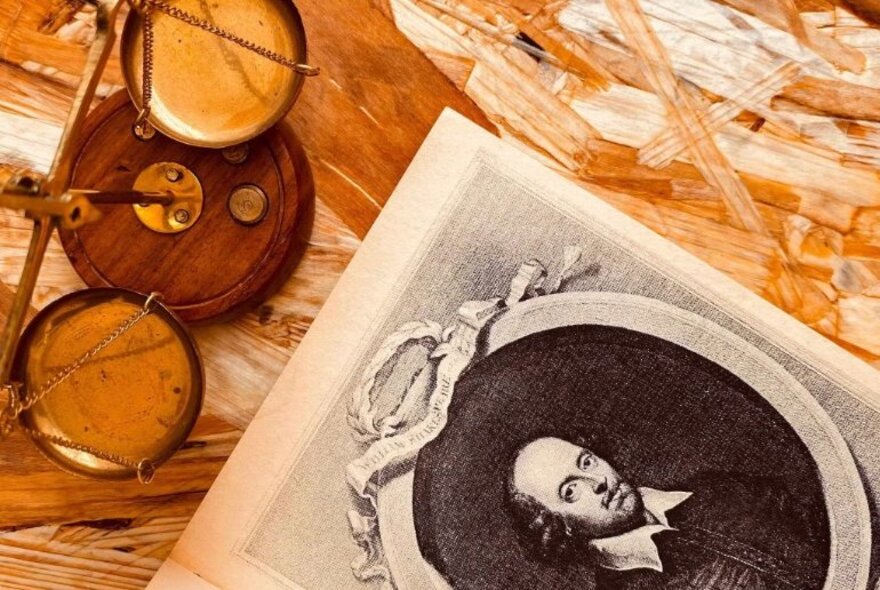 An antique-style wooden balance scale beside an open book featuring a portrait engraving of William Shakespeare.