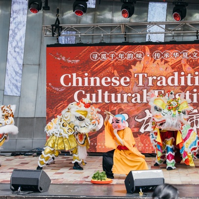 Performers in Chinese dragon costumes on stage at a cultural festival.
