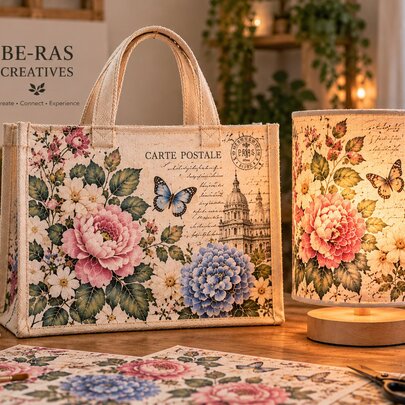 A tote bag and a lampshade decorated with butterflies, and flowers using decoupage techniques.