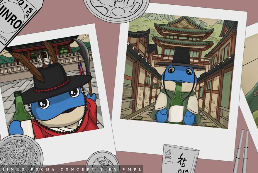 A collection of images depicting a cartoonish blue frog in different locations. 