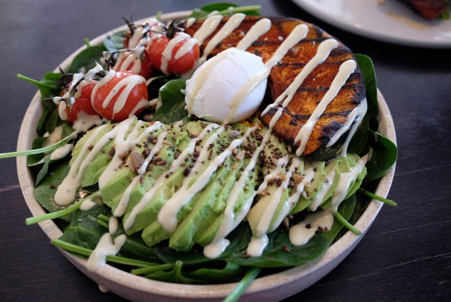 A plate with roasted pumpkin, avocado and an egg, drizzled with a cream sauce. 