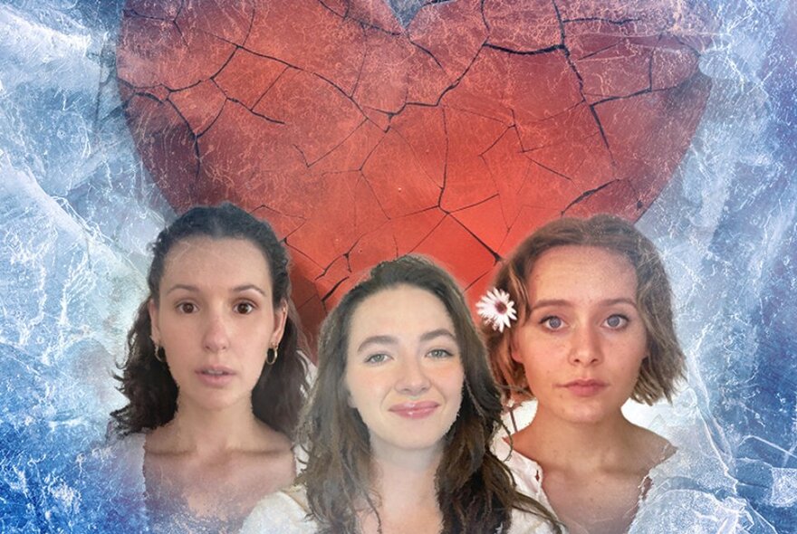 Head shots of the three female actors from the play Fractured Love, posed against a large red heart backdrop.