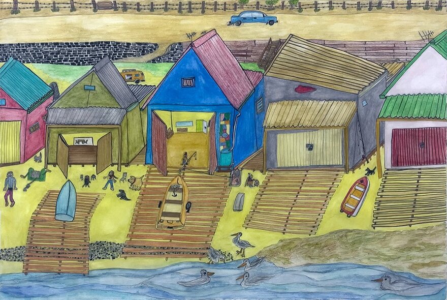 A painted artwork of bathing boxes and boat ramps at a beach, painted in a naive style.