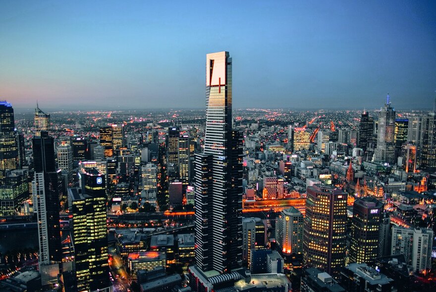 A panoramic dusk view of the Melbourne skyline featuring the Eureka Tower in the centre foreground.