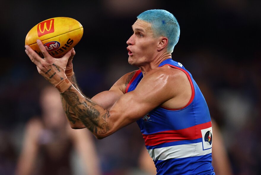 Western Bulldogs AFL football player with the ball during a match.