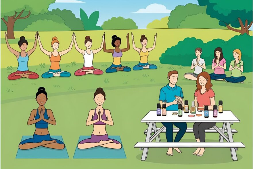 Cartoon artwork of people practising yoga on mats in a park setting with picnickers seated at a table and bench seats.