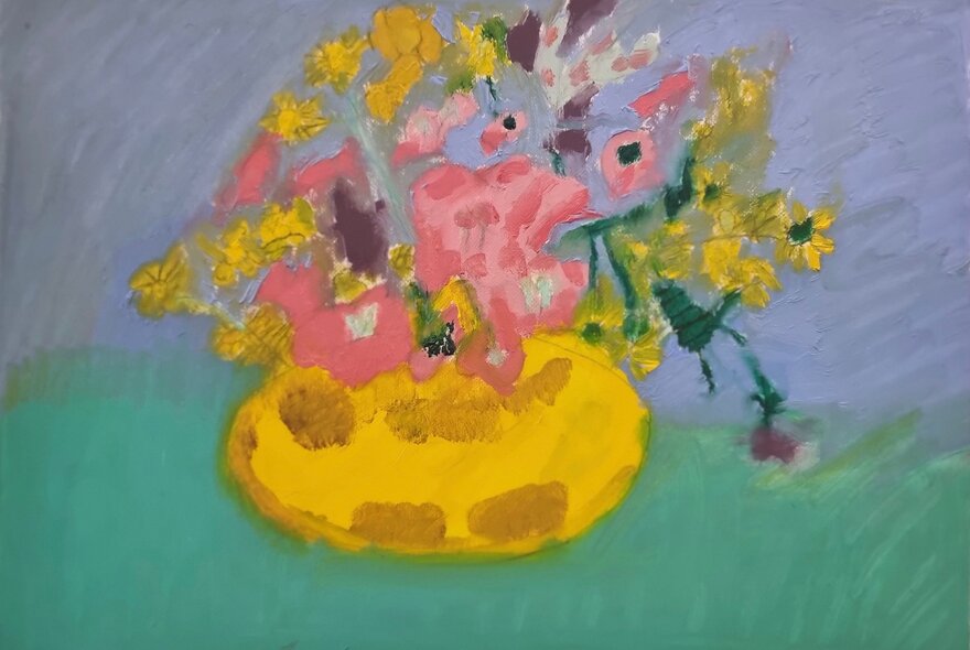 A painting of a yellow vase with flowers in it on a green and blue background.