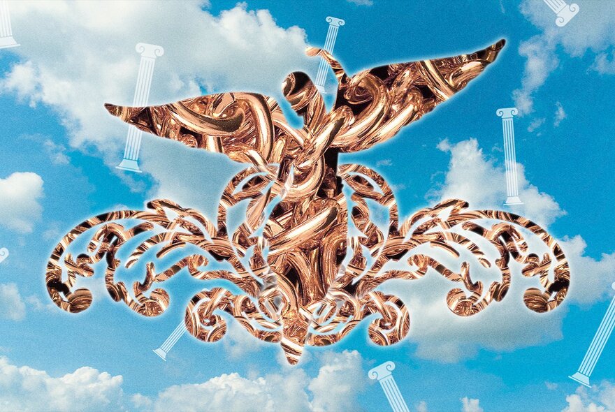 A figure of an angel, cut out from an image of gold chains, floating in a sky overlayed with feint columns.