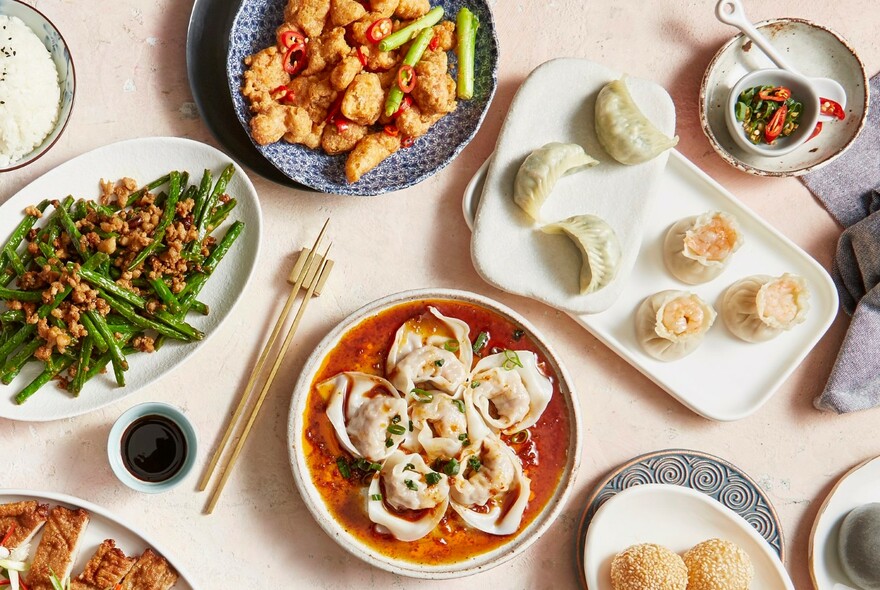 Looking down on a table of dishes from Din Tai Fung.