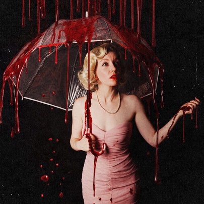 A vintage-styled woman in a pink dress holding a clear umbrella, with red liquid resembling blood dripping from the umbrella.