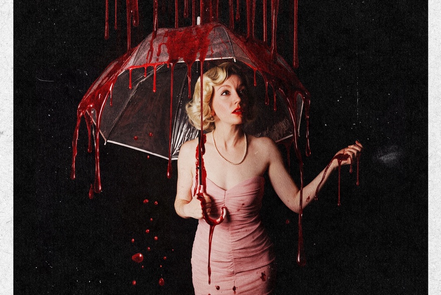A vintage-styled woman in a pink dress holding a clear umbrella, with red liquid resembling blood dripping from the umbrella.