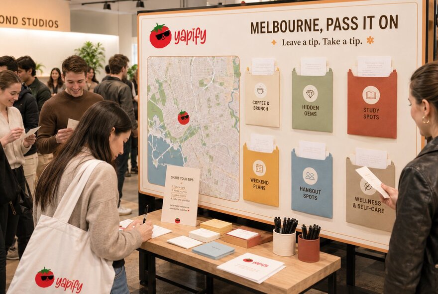 An interactive display board at a student market event titled 'Melbourne, Pass It On' featuring a map and sharing envelopes, with people gathered in front of it.
