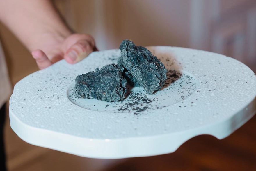 Hand holding grey food with sprinkles on a white plate.