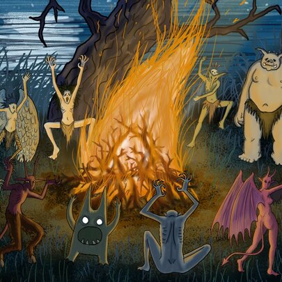 An illustration of mythical creatures dancing around a campfire in the woods.