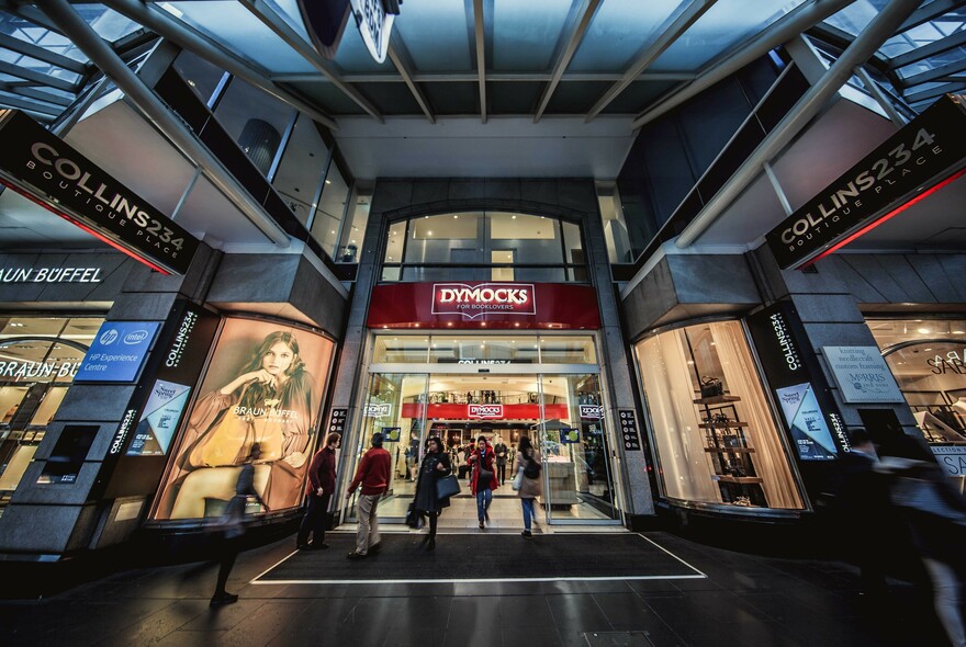 Shopfront of stores at entrance to Collins234, viewed from Collins Street.