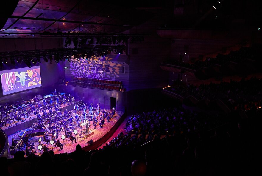 The interior of Hamer Hall, dark except for the symphony orchestra on stage in purple light. 