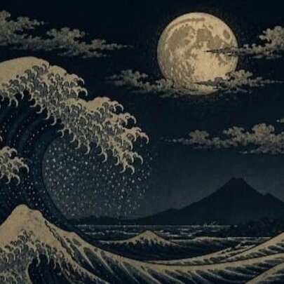 Artwork showing darkened sky with a moon and a large wave underneath. 