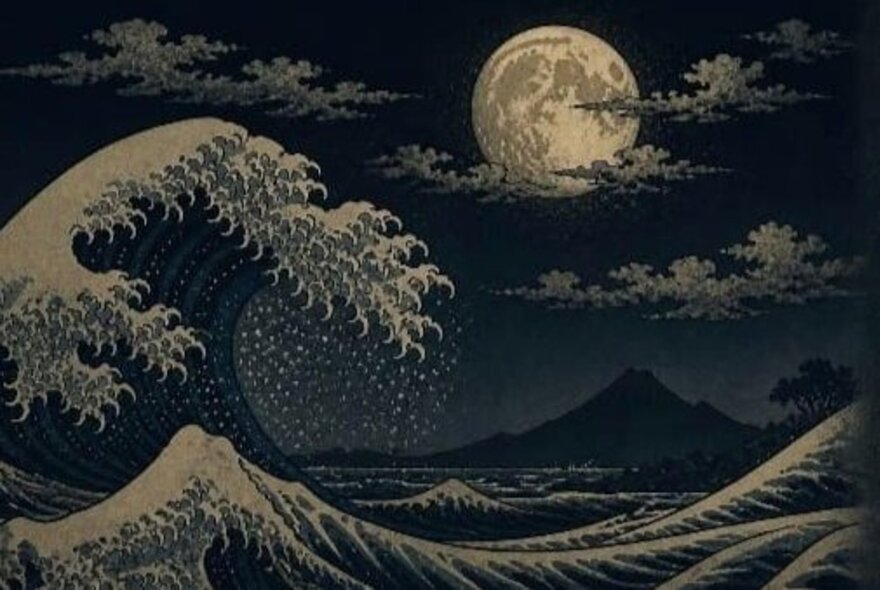 Artwork showing darkened sky with a moon and a large wave underneath. 