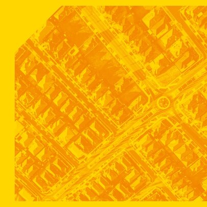 An overhead aerial layout of streets in a suburb, rendered in high-contrast yellow and orange tones, set against a solid yellow background on the left.
