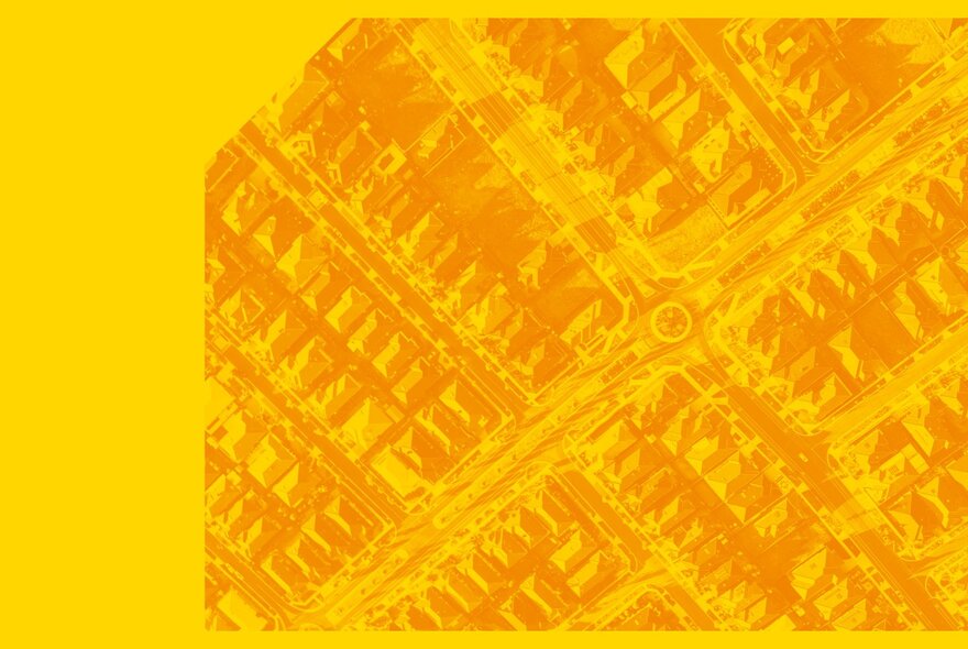 An overhead aerial layout of streets in a suburb, rendered in high-contrast yellow and orange tones, set against a solid yellow background on the left.