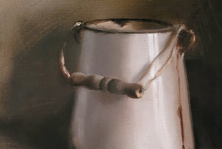 Still life oil painting of a white enamel jug with a part wooden handle.